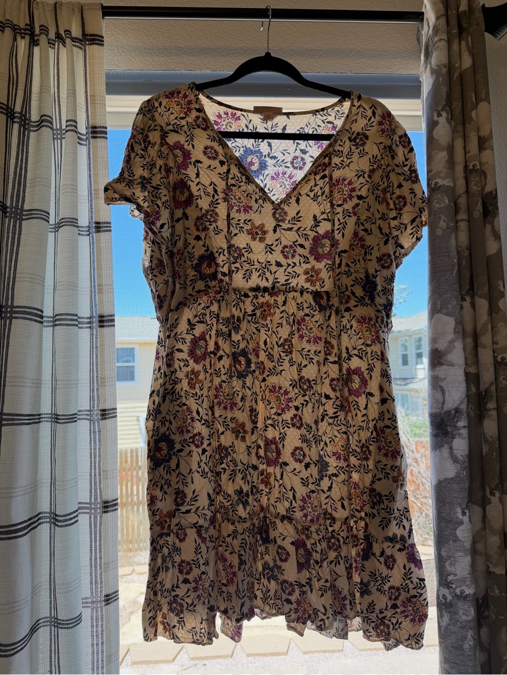 Knox Rose Beige Floral V-Neck Mini Dress with Black & Colorful Floral Accents